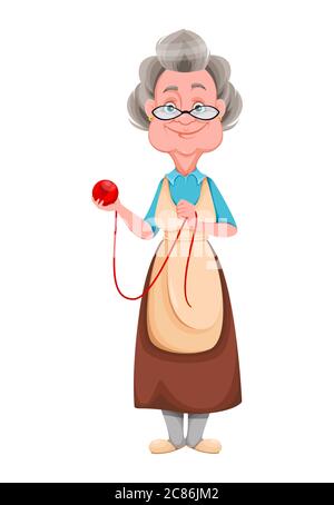 Alles gute zum Großeltern Tag. Kind Oma hält eine Kugel Garn. Nette alte Frau. Fröhliche Großmutter Cartoon-Charakter. Vektordarstellung isoliert auf WH Stock Vektor