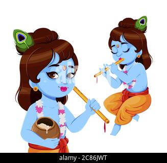 Happy Krishna Janmashtami, Satz von zwei Posen. Lord Krishna mit Flöte. Happy Janmashtami Festival von Indien. Vektorgrafik Stock Vektor