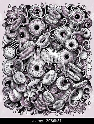 Donuts handgezeichnete Vektor-Doodles Illustration. Posterdesign für Süßigkeiten. Stock Vektor