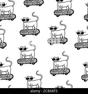 Katze in Sonnenbrille auf Skateboard nahtlose Muster. Hand gezeichnet Vektor-Illustration für Malbuch. Cartoon Doodle lustigen Stil für Hintergrund. Stock Vektor