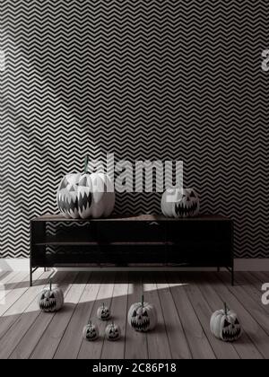 3D-Illustration von Wohnzimmer Halloween Dekoration. Weiße Kürbisse . 3D-Rendering Stockfoto