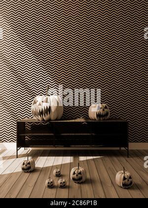 3D-Illustration von Wohnzimmer Halloween Dekoration. Weiße Kürbisse . 3D-Rendering Stockfoto