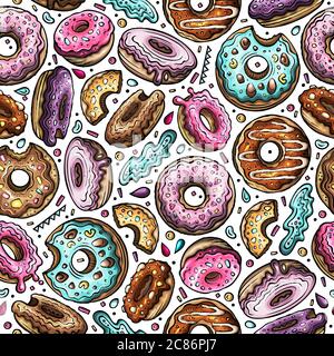 Cartoon handgezeichnete Donuts nahtlose Muster. Perfekte lustige Vektor Hintergrund. Stock Vektor