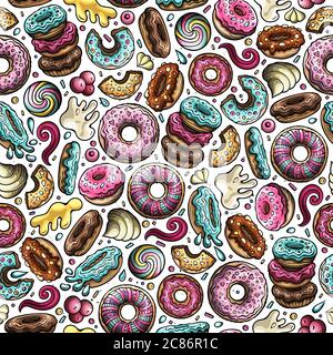 Cartoon handgezeichnete Donuts nahtlose Muster. Perfekte lustige Vektor Hintergrund. Stock Vektor