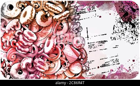 Donuts handgezeichnetes Doodle-Banner. Cartoon detaillierte Illustrationen. Stock Vektor