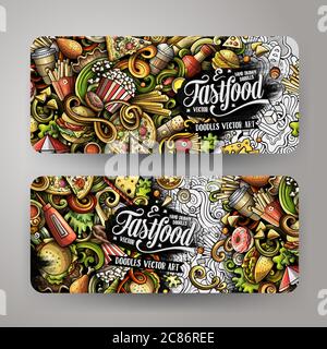 Fast Food handgezeichnete Doodle Banner Set. Detaillierte Flyer mit Cartoon-Details. Stock Vektor