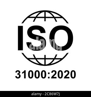 Symbol ISO 9000:2020. Symbol für Standardqualität. Vektor-Taste auf schwarzem Hintergrund isoliert. Stock Vektor