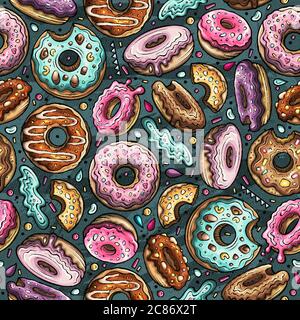 Cartoon handgezeichnete Donuts nahtlose Muster. Perfekte lustige Vektor Hintergrund. Stock Vektor