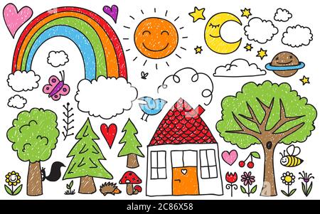 Sammlung von niedlichen Kinder Zeichnungen von Tieren, Pflanzen und himmlischen Elemente Stockfoto