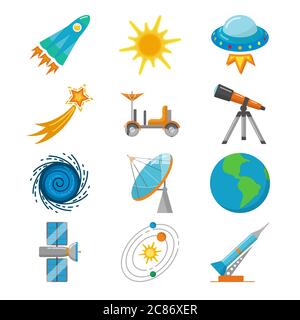 Bunte Raum Icons Kollektion in flachem Stil. Raumschiff, Sonne, UFO, Planet, Rakete und andere Symbole auf weißem Hintergrund isoliert. Stock Vektor