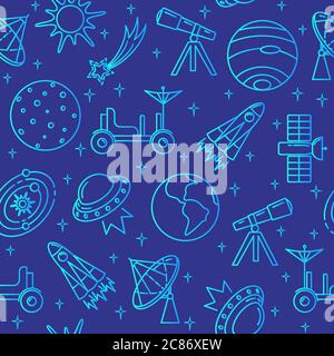 Blaues nahtloses Muster mit Space-Symbolen in dünner Linie. Raumschiffe, Planeten und andere Symbole auf dunklem Hintergrund. Stock Vektor