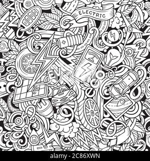 Cartoon niedlichen Kritzeleien Hand gezeichnet Elektro-Fahrzeug nahtlose Muster Stock Vektor