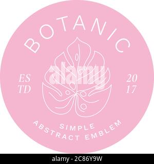 Einfache abstrakte botanische Beschriftung, Emblem oder Logo-Vorlage. Line Style Monstera Palm Leaf Silhouette und moderne Typografie. Stock Vektor