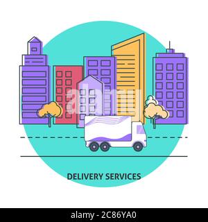 Delivery Services Banner-Vorlage in flacher Form. LKW auf einer Stadtstraße. Transportkonzept-Symbol. Trucking Business Illustration mit Platz für Stock Vektor