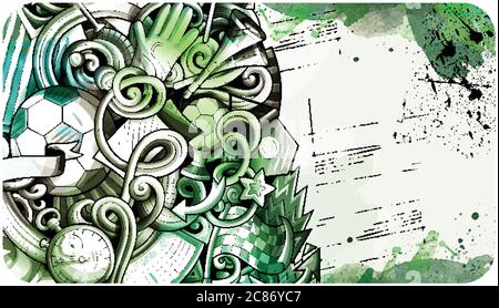 Fußball handgezeichnetes Doodle Banner. Cartoon detaillierte Illustrationen. Stock Vektor