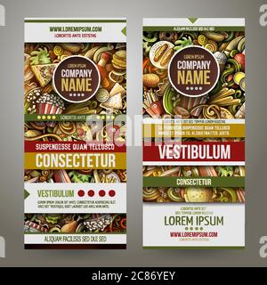 Fast Food handgezeichnete Doodle Banner Set. Detaillierte Flyer mit Cartoon-Details. Stock Vektor
