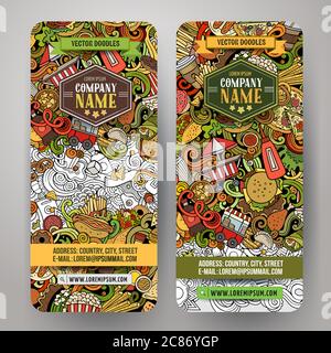 Fast Food handgezeichnete Doodle Banner Set. Detaillierte Flyer mit Cartoon-Details. Stock Vektor