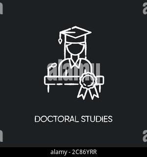 Doktoratsstudien Kreide weißes Symbol auf schwarzem Hintergrund. Hochschulabschluss, akademische Leistung. Abschluss eines Arztes. Doktorand, erfolgreich Stock Vektor