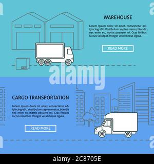 Horizontale Banner-Vorlagen für Fracht und Lager im Thin-Line-Stil. Symbole für Logistik- und Transportkonzepte. Abbildung der LKW-Dienste mit p Stock Vektor
