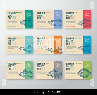 Premium-Qualität Fisch-Etiketten-Kollektion. Abstraktes Vektor-Verpackungsdesign oder Etikett. Moderne Typografie und handgezeichnete Fisch Silhouetten Hintergrund Stock Vektor