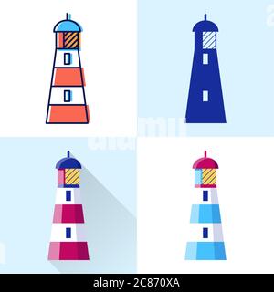 Leuchtturmsymbol in flachen und linienweisen Stilen. Nautische Gebäudedarstellung. Stock Vektor