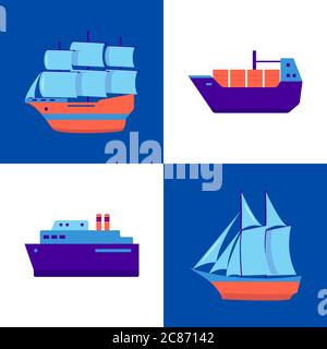 Ocean Kollektion von Schiffs-Ikonen im flachen Stil. Marine Symbole Set einschließlich verschiedener Arten von Schiffen. Elemente des Konzepts „Seetreise“. Stock Vektor