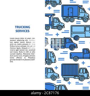 Trucking Services Banner-Vorlage mit verschiedenen Arten von Lastwagen in flachem Stil. Cargo Transport Industrie Poster oder Karte mit Platz für Text. Stock Vektor