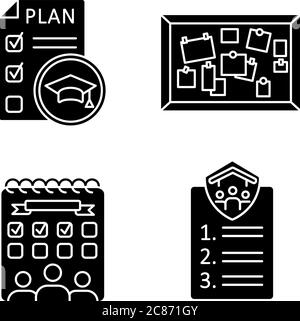 Schüler Aktivitäten schwarze Glyphen Symbole auf weißen Raum gesetzt. Schulungsplan. Mitbewohnervereinbarung. Unterhaltung an der Universität. Hochschulveranstaltungen. Silhouette s Stock Vektor