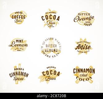 Kakaogewürze und Kaffee abstrakte Vektor-Zeichen, Symbol oder Logo Vorlagen Set. Handgezeichnete Bohnen und Gewürz mit Premium Vintage Typografie. Stilvoll Und Stilvoll Stock Vektor