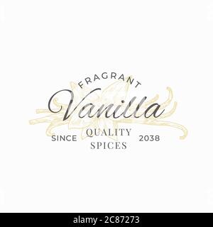 Abstrakte Vektorzeichen, Symbol oder Logo-Vorlage. Elegante handgezeichnete Vanilla Flower und Sticks Silhouette mit Retro Typografie Stock Vektor