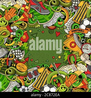 Cartoon Vektor Doodles Fußball Rahmen. Bunt, detailliert, Hintergrund Stock Vektor