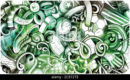 Fußball handgezeichnetes Doodle Banner. Cartoon detaillierte Illustrationen. Stock Vektor