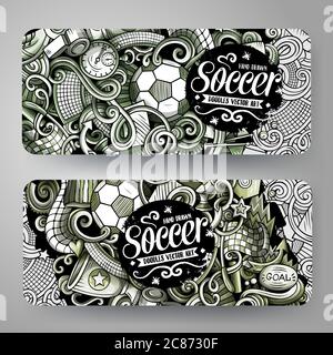 Cartoon Grafik Vektor Hand gezeichnet Doodles Fußball Banner Design. Stock Vektor