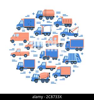 Cargo Transport Rundkonzept mit verschiedenen Arten von Lkw in flacher Ausführung. Trucking Industrie Ikonen Sammlung im Kreis. Vektor-Banner oder Karte t Stock Vektor