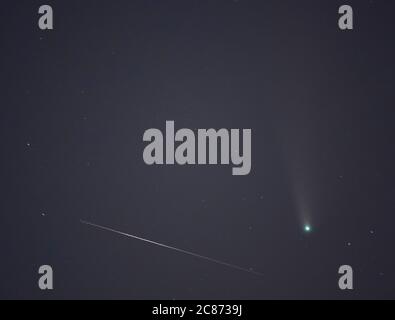 Wimbledon, London, Großbritannien. 21. Juli 2020. Komet C/2020 F3 Neowise befindet sich unterhalb von Ursa Major (der große Bär) und verblasst nun leicht in der Lichtverschmutzung und dem Himmelsglühen von London, aber deutlich sichtbar in diesem Bild durch ein Teleobjektiv. Bild: Ein vorbeiziehender Satellit, der aus seinen Sonnenkollektoren blitzendes Sonnenlicht scheint, erscheint nahe am Weg des Kometen. Quelle: Malcolm Park/Alamy Live News. Stockfoto