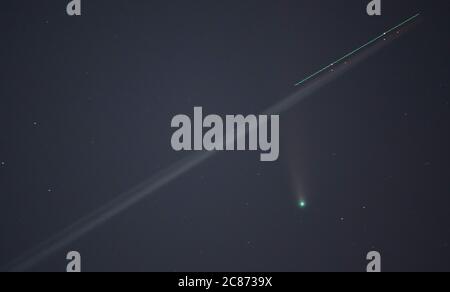 Wimbledon, London, Großbritannien. 21. Juli 2020. Komet C/2020 F3 Neowise befindet sich unterhalb von Ursa Major (der große Bär) und verblasst nun leicht in der Lichtverschmutzung und dem Himmelsglühen von London, aber deutlich sichtbar in diesem Bild durch ein Teleobjektiv. Bild: Eine vorbeifahrende Dampfspur des Flugzeugs schneidet über den Weg des Kometen. Quelle: Malcolm Park/Alamy Live News. Stockfoto