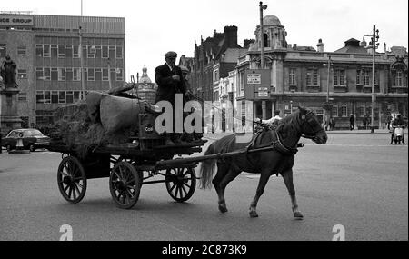 AJAXNETPHOTO. SEPTEMBER 1969. PORTSMOUTH, ENGLAND. - AUSGEDRÄNGT - IN DER SUSSEX STRASSE; LETZTE BILDER DER TOTTER UND IHRER STÄLLE IN DER SUSSEX STRASSE, BEVOR DIE GEBÄUDE ABGERISSEN WURDEN. PFERD UND WAGEN ÜBERQUEREN GUILDHALL PLATZ NACH VERLASSEN SUSSEX STRASSE. FOTO: JONATHAN EASTLAND/AJAX REF: 356950 51 202206 39 Stockfoto