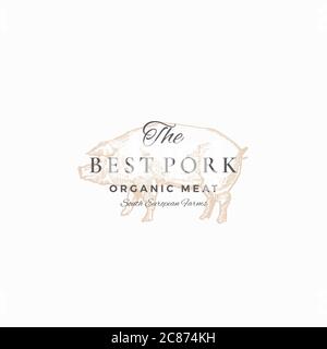 Das beste Schwein abstraktes Vektor-Zeichen, Symbol oder Logo-Vorlage. Elegante handgezeichnete Schweinchen-Skizze mit klassischer Retro-Typografie. Vintage Luxus Emblem. Stock Vektor