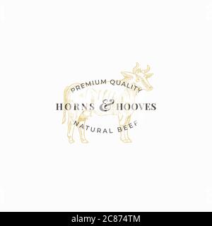 Premium-Qualität Rindfleisch abstrakten Vektor-Zeichen, Symbol oder Logo-Vorlage. Elegante Kuhzeichnung Skizze mit klassischer Retro-Typografie. Vintage Luxus Emblem. Stock Vektor