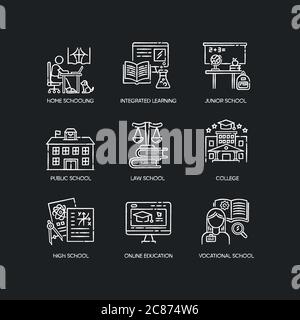 Bildungssystem Kreide weiße Symbole auf schwarzem Hintergrund gesetzt. Lehrmethoden, Home Schooling und Online-Klassen. Primäre, sekundäre und höhere educati Stock Vektor