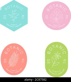 Einfache abstrakte botanische Etiketten, Embleme oder Logo-Vorlagen Set. Linie Stil Blumen und Monstera Palmblätter Zweig Silhouette mit moderner Typografie. Stock Vektor