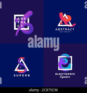 Abstrakte Zeichen oder Logo-Vorlagen gesetzt. Elegante Vektormischung Kurve in einem Rahmen mit ultraviolettem Gradient und moderner Typografie. Dunkelblauer Hintergrund Stock Vektor
