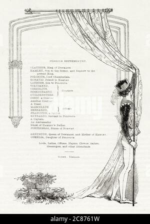 Illustration von Kenny Meadows an Hamlet, Prinz von Dänemark, von William Shakespeare. Die Gießliste zieht einen Vorhang zurück. Stockfoto