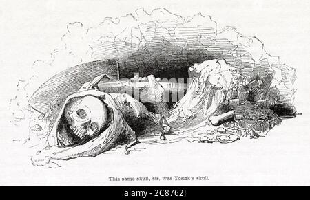 Illustration von Kenny Meadows an Hamlet, Prinz von Dänemark, von William Shakespeare. Der Schädel des Hofnarren Yorick, der Hamlet in die Erinnerung führt. Stockfoto