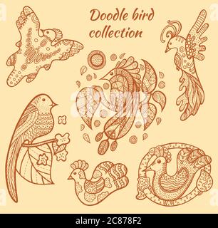 Handgezeichnete Vogel Sammlung.Doodle zentangle Illustration. Braune Elemente für Design, Hintergrund. Stock Vektor