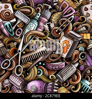 Friseursalon Hand gezeichnete Kritzeleien nahtlose Muster. Frisur Hintergrund. Stock Vektor