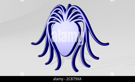 Frau in der Spinne aus der Perspektive des Schattens. Eine dicke Skulptur aus metallischen Materialien von 3D-Rendering. Schön und jung Stockfoto