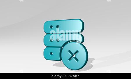 SERVER ENTFERNEN gemacht durch 3D-Illustration einer glänzenden Metallskulptur mit dem Schatten auf hellem Hintergrund. Daten und Computer Stockfoto