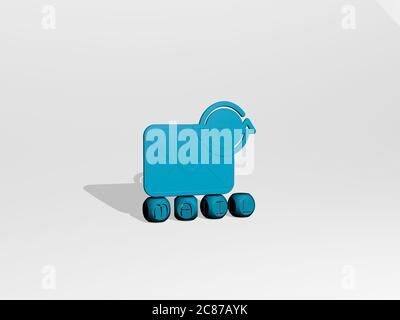 3D-Darstellung von Mail mit Symbol an der Wand und Text angeordnet durch metallische kubische Buchstaben auf einem Spiegelboden für Konzept Bedeutung und Diashow-Präsentation. Illustration und Umschlag Stockfoto