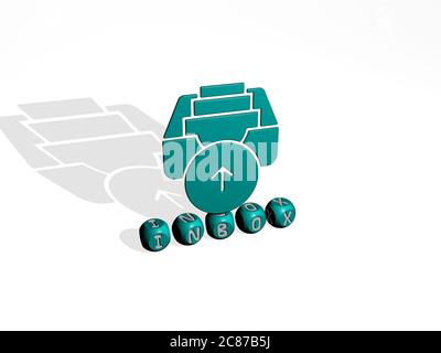 3D-Darstellung des POSTEINGANGS mit Symbol an der Wand und Text angeordnet durch metallische kubische Buchstaben auf einem Spiegelboden für Konzept Bedeutung und Diashow-Präsentation. E-Mail und Illustration Stockfoto